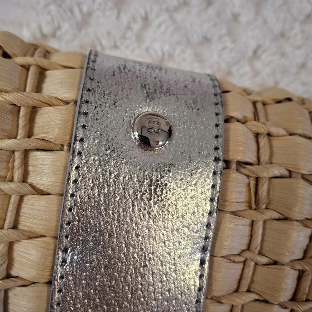 Kate Spade Woven Straw Clutch Bag Beige Silver Metallic Leather Trim Rattan